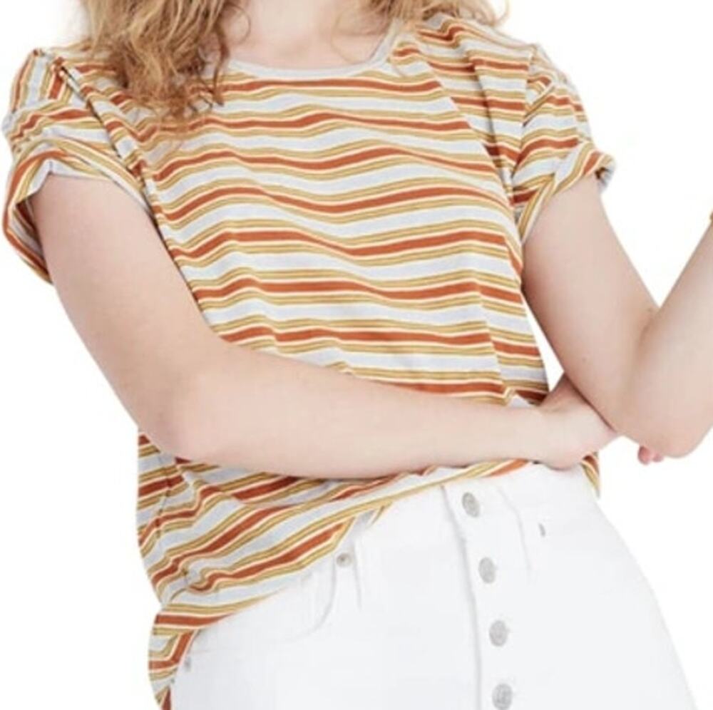 Madewell Whisper Cotton Stripe Crewneck Tee Crop Feather Blue Castaway Stripe M